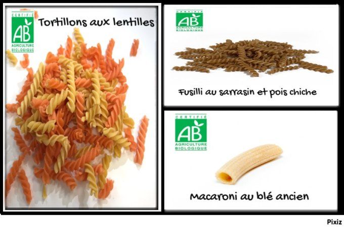 Découverte Macaroni blé ancien - Tortilons aux lentilles - Fusilli au pois chiche et sarrasin